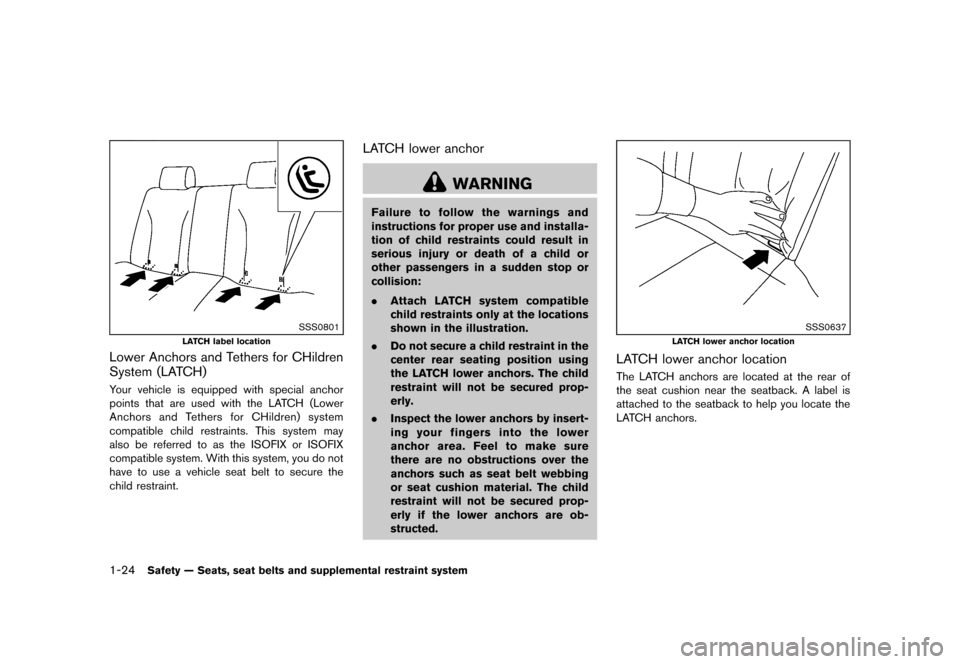 NISSAN ROGUE 2013 2.G User Guide Black plate (40,1)
[ Edit: 2012/ 5/ 18 Model: S35-D ]
1-24Safety — Seats, seat belts and supplemental restraint system
SSS0801
LATCH label location
Lower Anchors and Tethers for CHildren
System (LAT