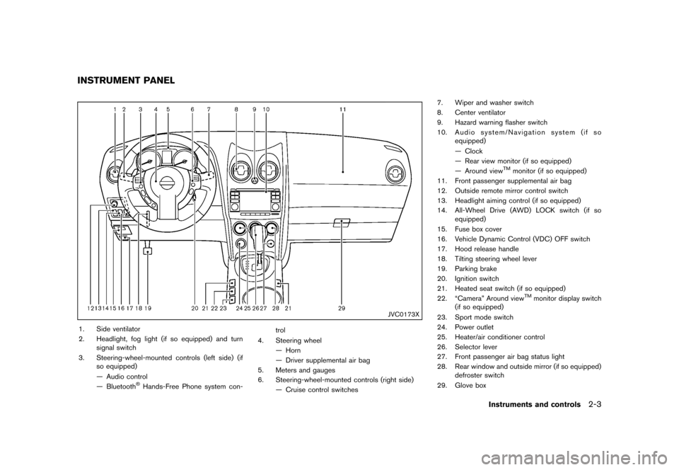 NISSAN ROGUE 2013 2.G Owners Manual Black plate (73,1)
[ Edit: 2012/ 5/ 18 Model: S35-D ]
S35-D-110201-A7D4030A-2862-489B-A7AF-66159DF04F04
JVC0173X
1. Side ventilator
2. Headlight, fog light (if so equipped) and turnsignal switch
3. St