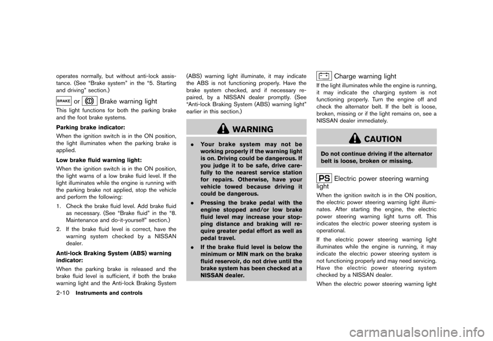 NISSAN ROGUE 2013 2.G User Guide Black plate (80,1)
[ Edit: 2012/ 5/ 18 Model: S35-D ]
2-10Instruments and controls
operates normally, but without anti-lock assis-
tance. (See “Brake system” in the “5. Starting
and driving” s