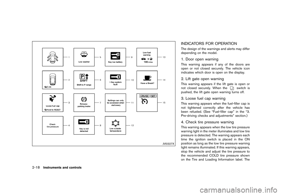 NISSAN ROGUE 2013 2.G Manual Online Black plate (88,1)
[ Edit: 2012/ 5/ 18 Model: S35-D ]
2-18Instruments and controls
JVI0327X
INDICATORS FOR OPERATIONS35-D-110201-D16CF82D-E6FD-4988-A994-F13981E642DBThe design of the warnings and aler