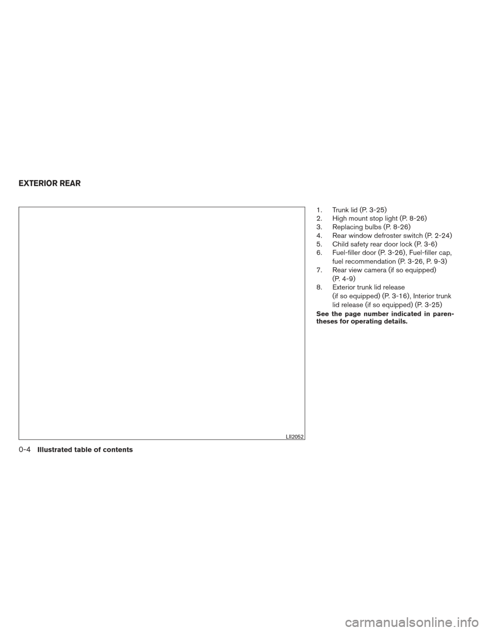 NISSAN SENTRA 2013 B17 / 7.G User Guide 1. Trunk lid (P. 3-25)
2. High mount stop light (P. 8-26)
3. Replacing bulbs (P. 8-26)
4. Rear window defroster switch (P. 2-24)
5. Child safety rear door lock (P. 3-6)
6. Fuel-filler door (P. 3-26) , NISSAN SENTRA 2013 B17 / 7.G User Guide 1. Trunk lid (P. 3-25)
2. High mount stop light (P. 8-26)
3. Replacing bulbs (P. 8-26)
4. Rear window defroster switch (P. 2-24)
5. Child safety rear door lock (P. 3-6)
6. Fuel-filler door (P. 3-26) ,