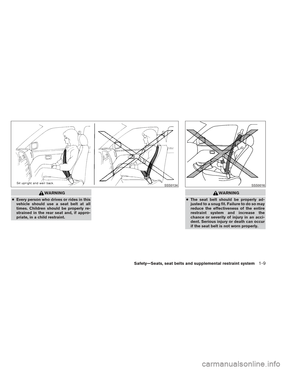 NISSAN SENTRA 2013 B17 / 7.G Owners Manual WARNING
●Every person who drives or rides in this
vehicle should use a seat belt at all
times. Children should be properly re-
strained in the rear seat and, if appro-
priate, in a child restraint.
