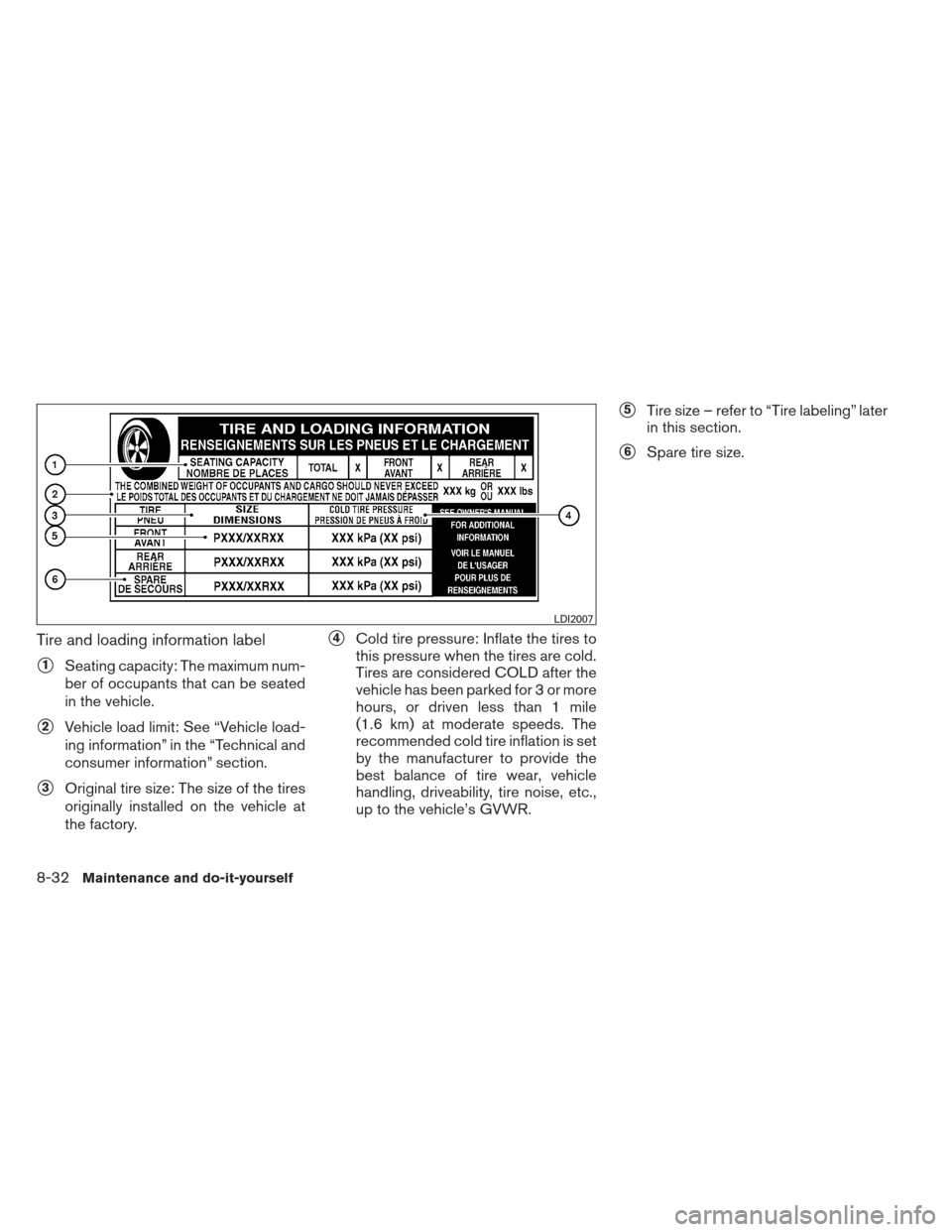 NISSAN SENTRA 2013 B17 / 7.G Owners Manual Tire and loading information label
1Seating capacity: The maximum num-
ber of occupants that can be seated
in the vehicle.
2Vehicle load limit: See “Vehicle load-
ing information” in the “Tech