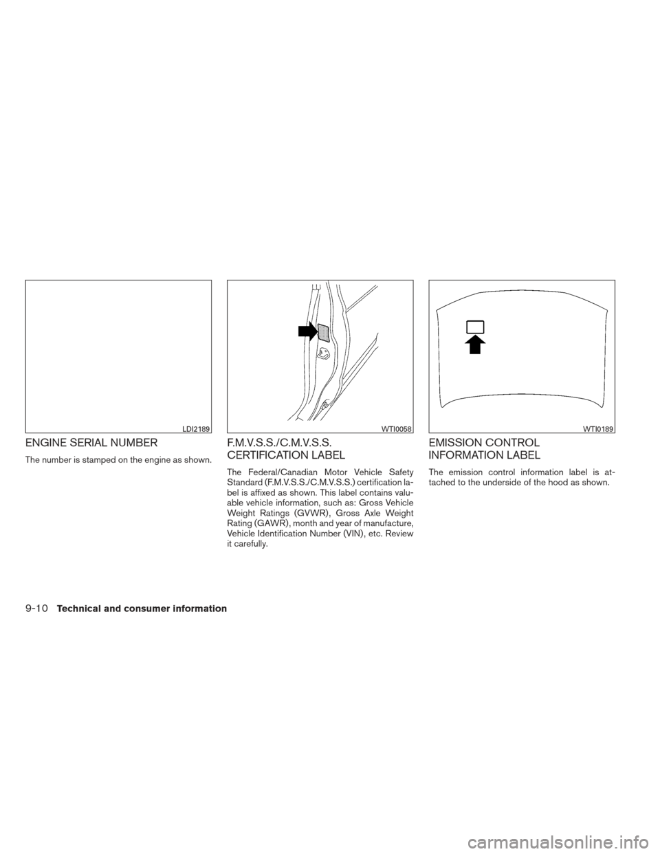 NISSAN SENTRA 2013 B17 / 7.G Owners Manual ENGINE SERIAL NUMBER
The number is stamped on the engine as shown.
F.M.V.S.S./C.M.V.S.S.
CERTIFICATION LABEL
The Federal/Canadian Motor Vehicle Safety
Standard (F.M.V.S.S./C.M.V.S.S.) certification la