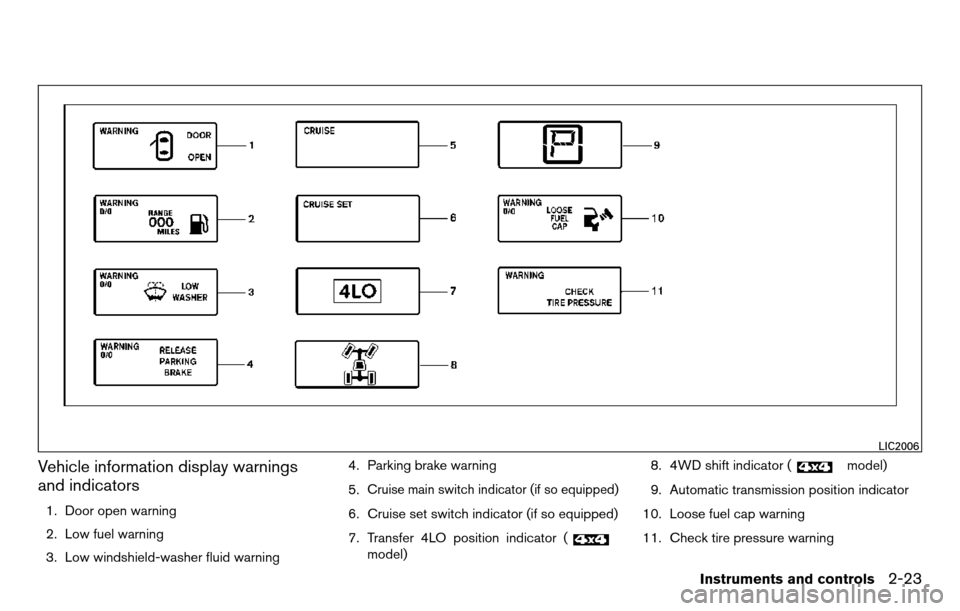 NISSAN TITAN 2013 1.G Owners Manual Vehicle information display warnings
and indicators
1. Door open warning
2. Low fuel warning
3. Low windshield-washer fluid warning4. Parking brake warning
5.
Cruise main switch indicator (if so equip