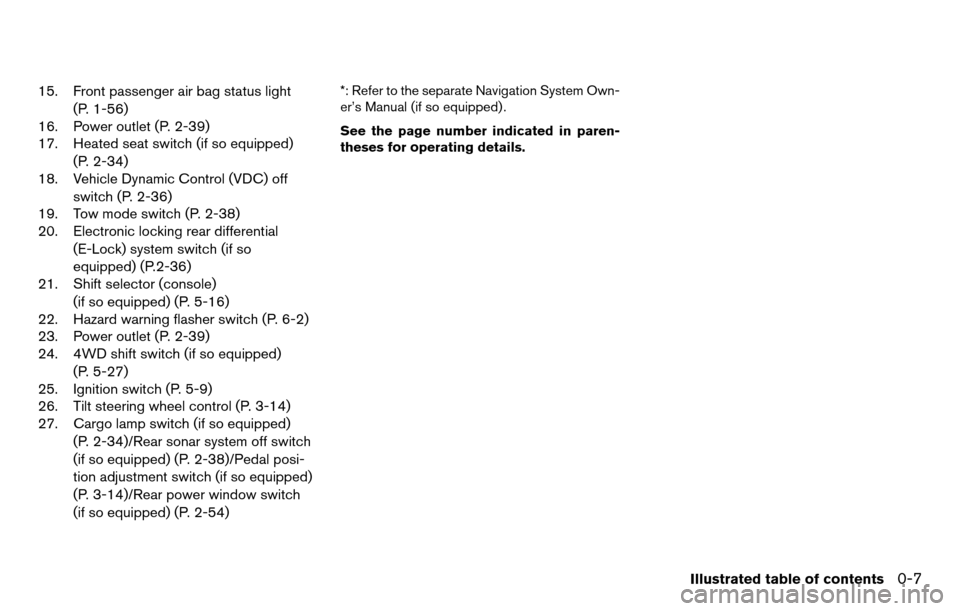 NISSAN TITAN 2013 1.G Owners Manual 15. Front passenger air bag status light(P. 1-56)
16. Power outlet (P. 2-39)
17. Heated seat switch (if so equipped)
(P. 2-34)
18. Vehicle Dynamic Control (VDC) off
switch (P. 2-36)
19. Tow mode switc