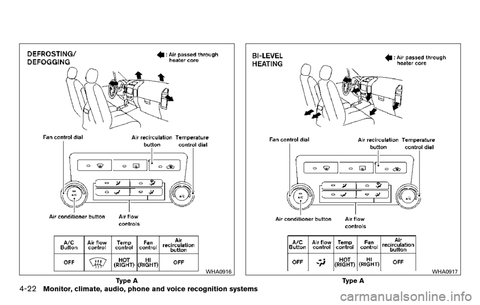 NISSAN TITAN 2013 1.G Owners Manual Type A
WHA0916
Type A
WHA0917
4-22Monitor, climate, audio, phone and voice recognition systems 