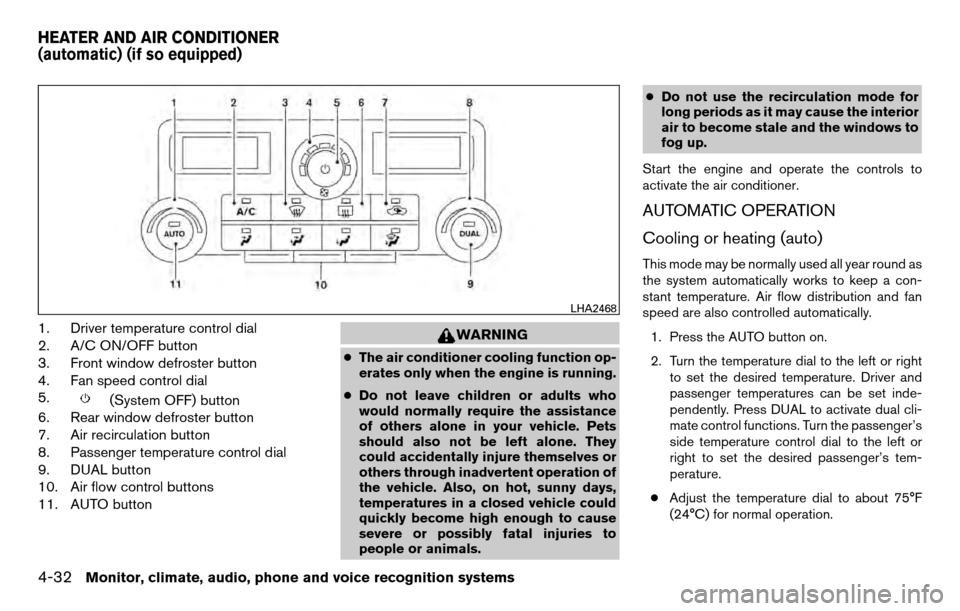 NISSAN TITAN 2013 1.G Owners Manual 1. Driver temperature control dial
2. A/C ON/OFF button
3. Front window defroster button
4. Fan speed control dial
5.
(System OFF) button
6. Rear window defroster button
7. Air recirculation button
8.