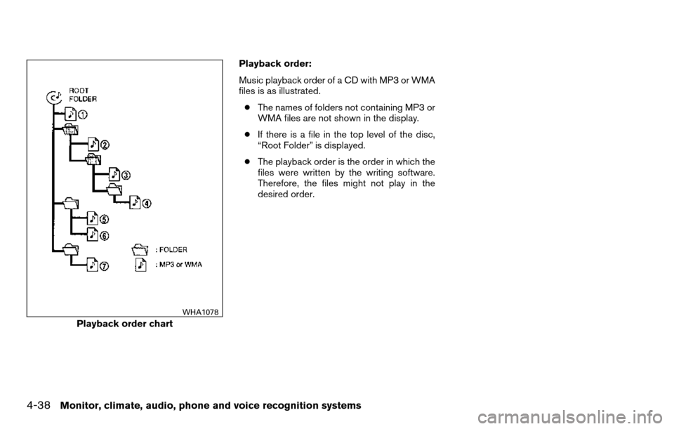 NISSAN TITAN 2013 1.G Owners Manual Playback order:
Music playback order of a CD with MP3 or WMA
files is as illustrated.● The names of folders not containing MP3 or
WMA files are not shown in the display.
● If there is a file in th