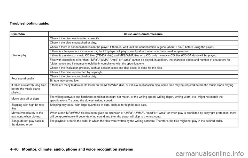 NISSAN TITAN 2013 1.G Owners Manual Troubleshooting guide:
SymptomCause and Countermeasure
Cannot play Check if the disc was inserted correctly.
Check if the disc is scratched or dirty.
Check if there is condensation inside the player. 