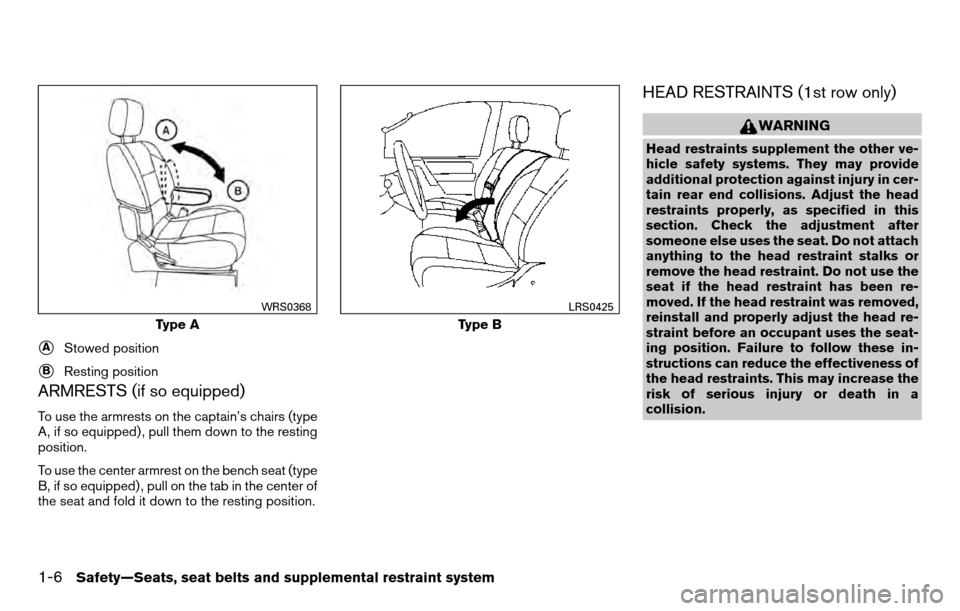 NISSAN TITAN 2013 1.G Owners Manual ARMRESTS (if so equipped)
To use the armrests on the captain’s chairs (type
A, if so equipped) , pull them down to the resting
position.
To use the center armrest on the bench seat (type
B, if so eq