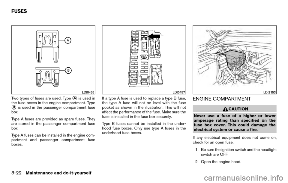NISSAN TITAN 2013 1.G Service Manual Two types of fuses are used. TypeAis used in
the fuse boxes in the engine compartment. Type
Bis used in the passenger compartment fuse
box.
Type A fuses are provided as spare fuses. They
are stored 