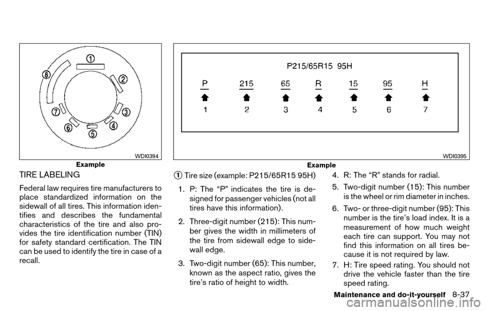 NISSAN TITAN 2013 1.G Owners Manual TIRE LABELING
Federal law requires tire manufacturers to
place standardized information on the
sidewall of all tires. This information iden-
tifies and describes the fundamental
characteristics of the