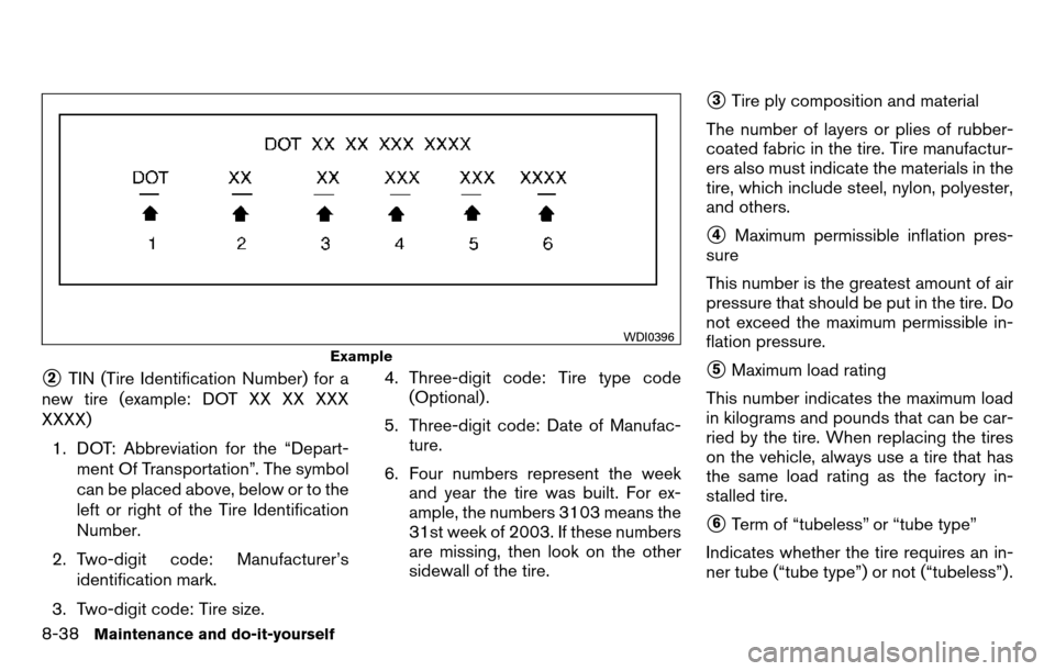 NISSAN TITAN 2013 1.G Owners Guide 2TIN (Tire Identification Number) for a
new tire (example: DOT XX XX XXX
XXXX)
1. DOT: Abbreviation for the “Depart- ment Of Transportation”. The symbol
can be placed above, below or to the
left 