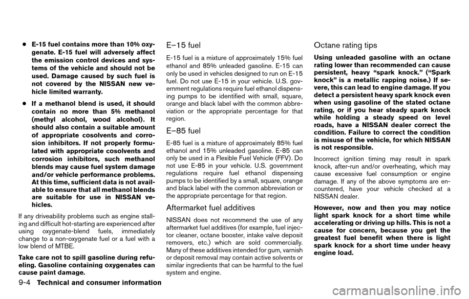 NISSAN TITAN 2013 1.G Service Manual ●E-15 fuel contains more than 10% oxy-
genate. E-15 fuel will adversely affect
the emission control devices and sys-
tems of the vehicle and should not be
used. Damage caused by such fuel is
not cov