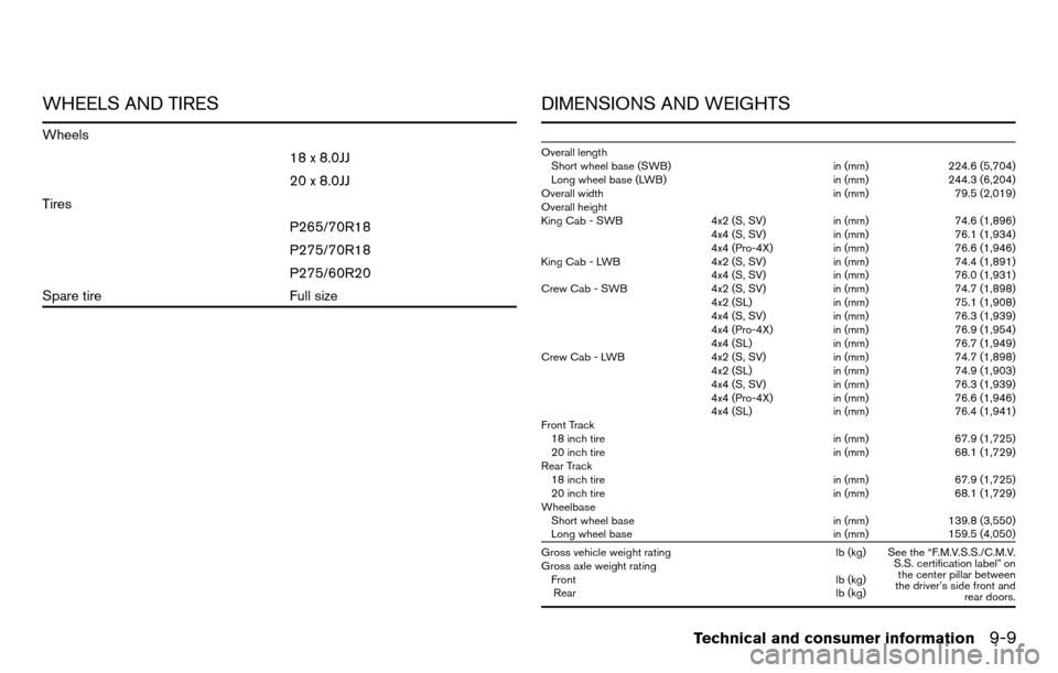 NISSAN TITAN 2013 1.G Owners Manual WHEELS AND TIRES
Wheels18 x 8.0JJ
20 x 8.0JJ
Tires P265/70R18
P275/70R18
P275/60R20
Spare tire Full size
DIMENSIONS AND WEIGHTS
Overall length Short wheel base (SWB) in (mm) 224.6 (5,704)
Long wheel b