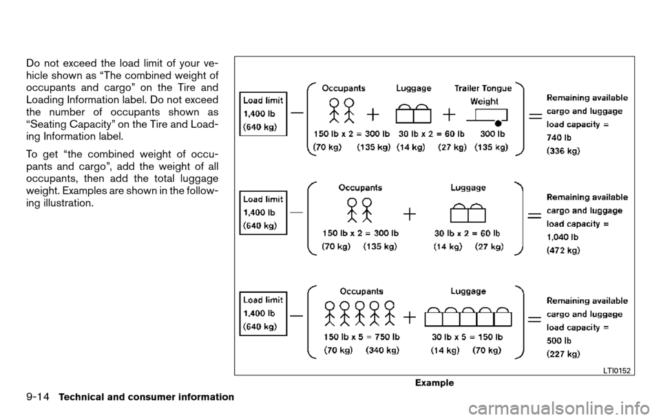 NISSAN TITAN 2013 1.G Owners Manual Do not exceed the load limit of your ve-
hicle shown as “The combined weight of
occupants and cargo” on the Tire and
Loading Information label. Do not exceed
the number of occupants shown as
“Se