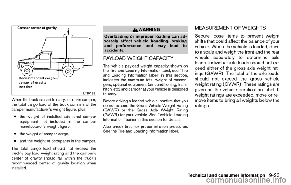 NISSAN TITAN 2013 1.G Owners Manual When the truck is used to carry a slide-in camper,
the total cargo load of the truck consists of the
camper manufacturer’s weight figure, plus:● the weight of installed additional camper
equipment NISSAN TITAN 2013 1.G Owners Manual When the truck is used to carry a slide-in camper,
the total cargo load of the truck consists of the
camper manufacturer’s weight figure, plus:● the weight of installed additional camper
equipment