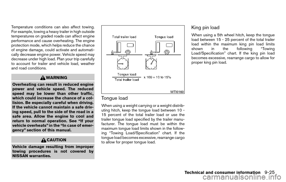 NISSAN TITAN 2013 1.G User Guide Temperature conditions can also affect towing.
For example, towing a heavy trailer in high outside
temperatures on graded roads can affect engine
performance and cause overheating. The engine
protecti