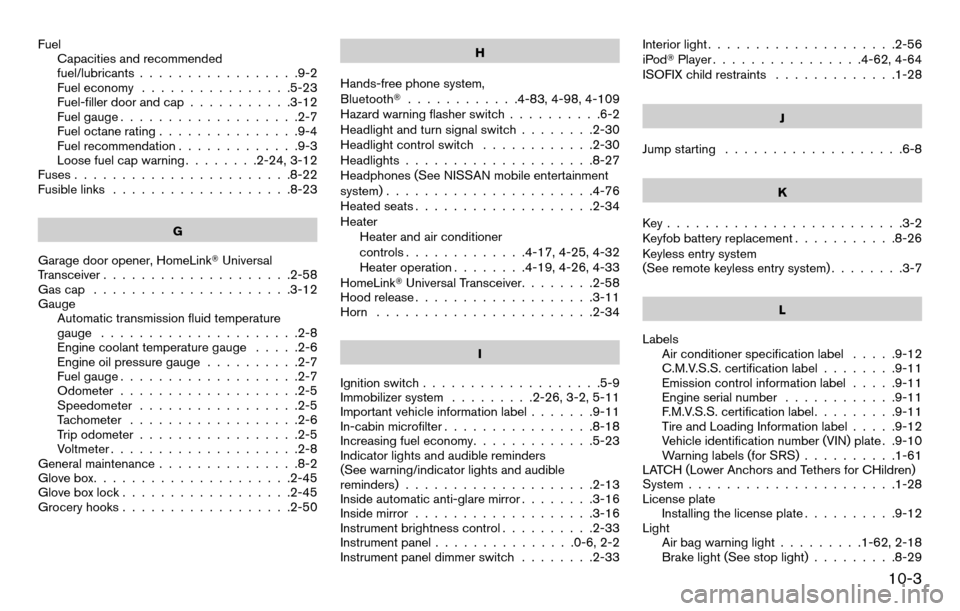 NISSAN TITAN 2013 1.G Owners Manual FuelCapacities and recommended
fuel/lubricants .................9-2
Fuel economy ................5-23
Fuel-filler door and cap ...........3-12
Fuel gauge ...................2-7
Fuel octane rating ....
