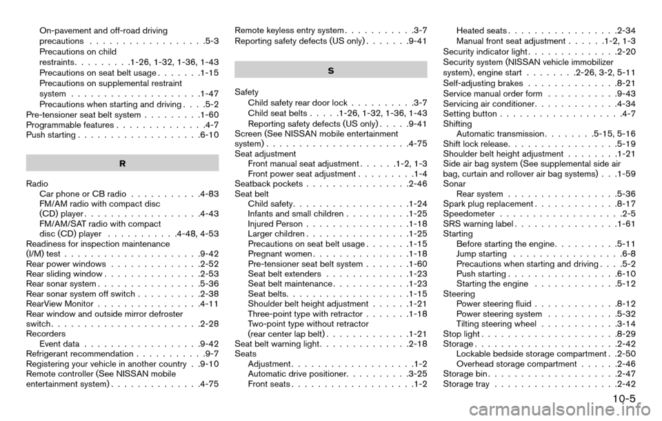 NISSAN TITAN 2013 1.G Owners Guide On-pavement and off-road driving
precautions..................5-3
Precautions on child
restraints .........1-26, 1-32, 1-36, 1-43
Precautions on seat belt usage .......1-15
Precautions on supplemental