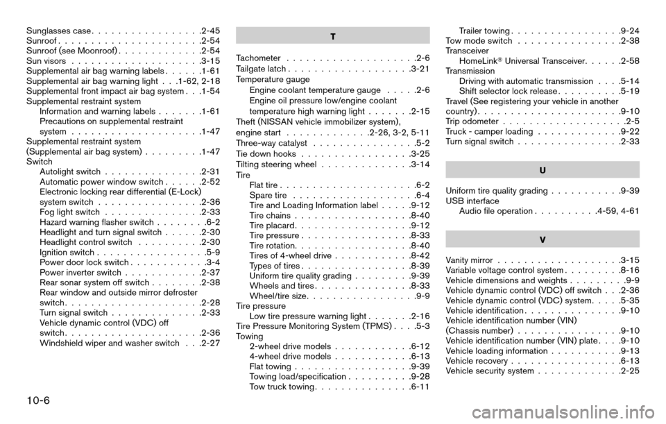 NISSAN TITAN 2013 1.G Owners Manual Sunglasses case.................2-45
Sunroof ......................2-54
Sunroof (see Moonroof) .............2-54
Sun visors ....................3-15
Supplemental air bag warning labels ......1-61
Supp
