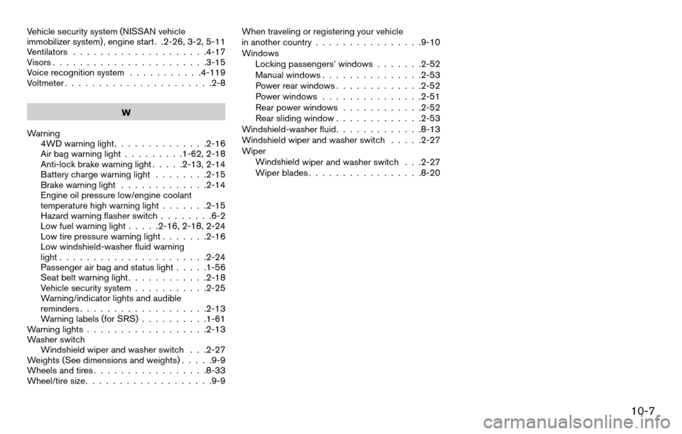 NISSAN TITAN 2013 1.G Service Manual Vehicle security system (NISSAN vehicle
immobilizer system) , engine start . .2-26, 3-2, 5-11
Ventilators....................4-17
Visors .......................3-15
Voice recognition system ..........
