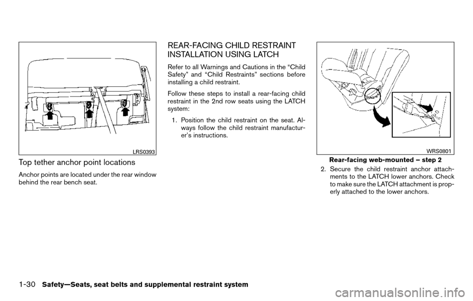 NISSAN TITAN 2013 1.G Service Manual Top tether anchor point locations
Anchor points are located under the rear window
behind the rear bench seat.
REAR-FACING CHILD RESTRAINT
INSTALLATION USING LATCH
Refer to all Warnings and Cautions in NISSAN TITAN 2013 1.G Service Manual Top tether anchor point locations
Anchor points are located under the rear window
behind the rear bench seat.
REAR-FACING CHILD RESTRAINT
INSTALLATION USING LATCH
Refer to all Warnings and Cautions in