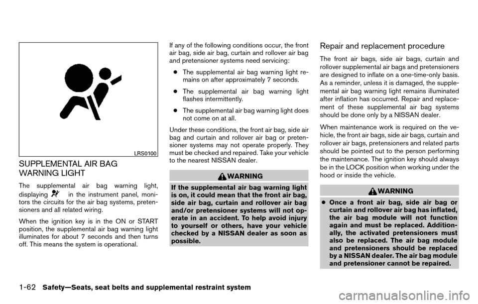 NISSAN TITAN 2013 1.G Manual PDF SUPPLEMENTAL AIR BAG
WARNING LIGHT
The supplemental air bag warning light,
displaying
in the instrument panel, moni-
tors the circuits for the air bag systems, preten-
sioners and all related wiring.
