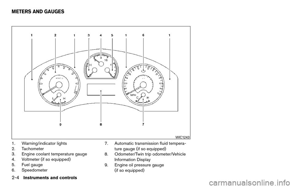 NISSAN TITAN 2013 1.G Owners Manual 1. Warning/indicator lights
2. Tachometer
3. Engine coolant temperature gauge
4. Voltmeter (if so equipped)
5. Fuel gauge
6. Speedometer7. Automatic transmission fluid tempera-
ture gauge (if so equip