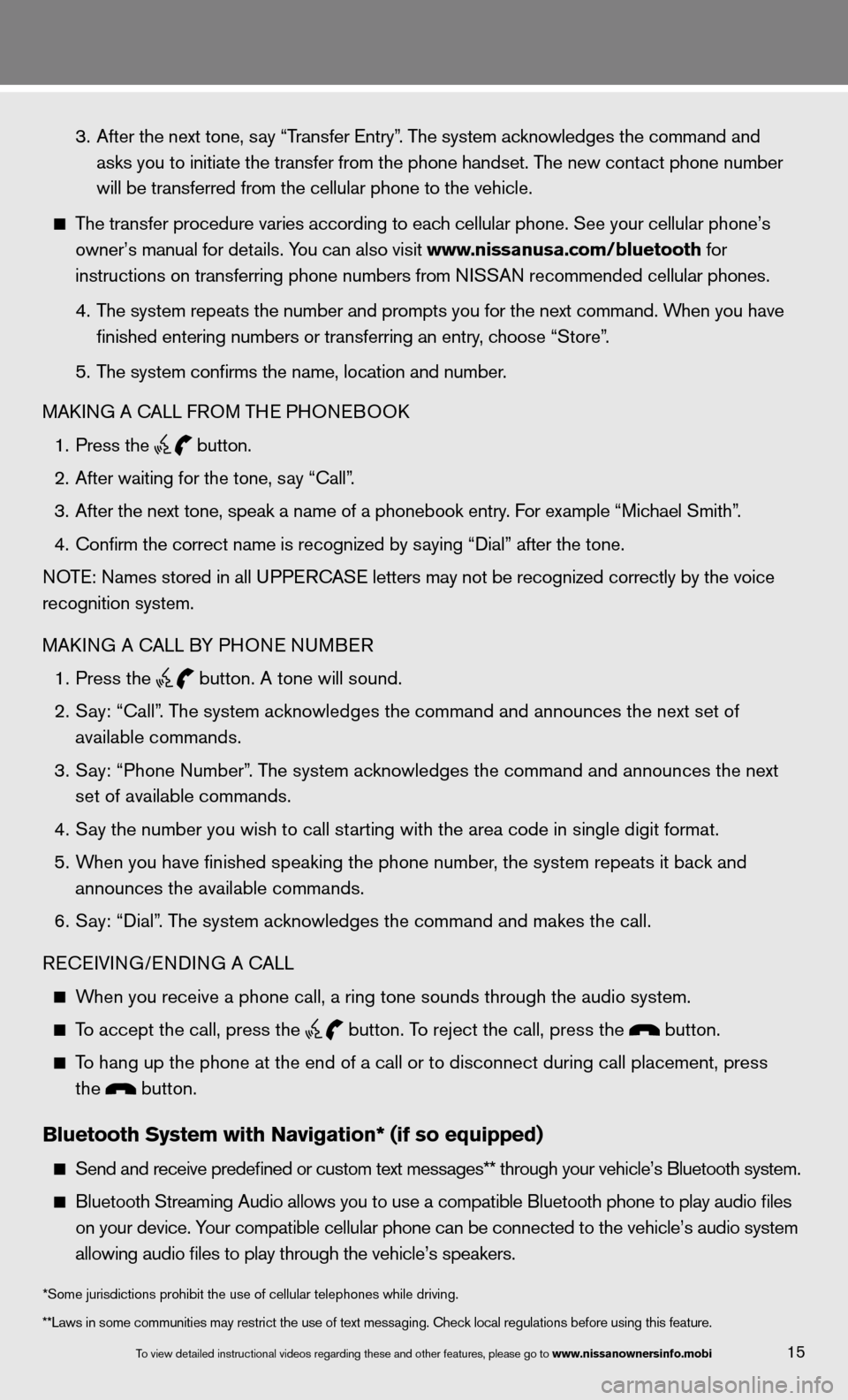 NISSAN TITAN 2013 1.G Quick Reference Guide    3. After the next tone, say “Transfer Entry”. The system acknowledges the command and   
      asks you to initiate the transfer from the phone handset. The new contact phone number   
      wi