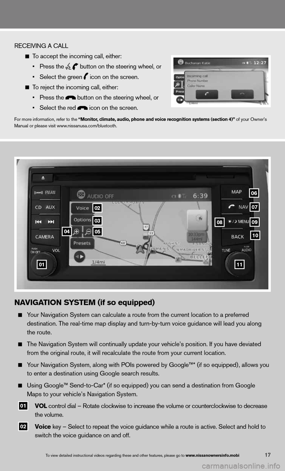NISSAN TITAN 2013 1.G Quick Reference Guide To view detailed in\fstructional videos\f regarding these a\fnd other features\f \fplease go to www.nissanownersin\hfo.mobi
RE\bEIVING A \bALL 
  
  To accept the incom\fing call\f either:   
      �