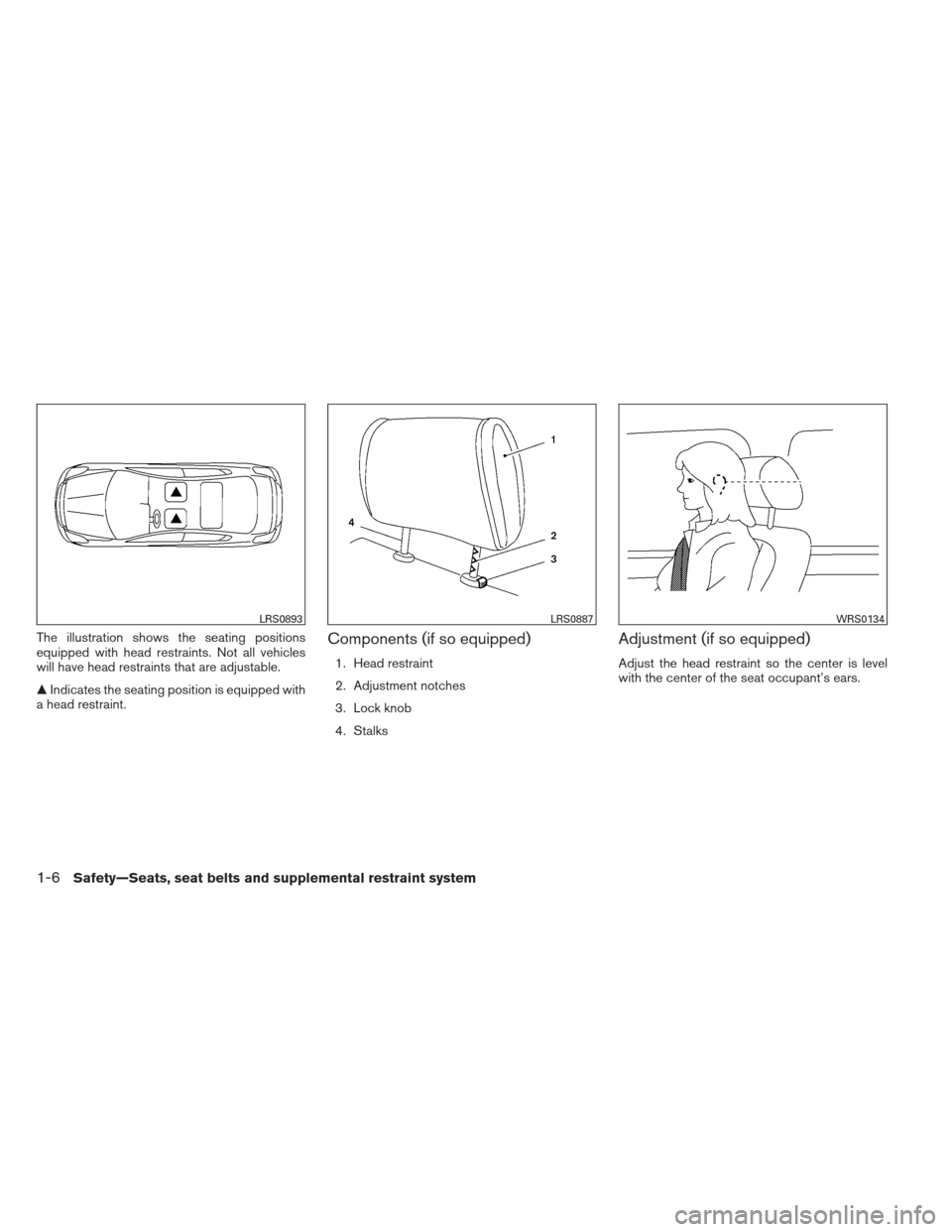 NISSAN VERSA SEDAN 2013 2.G Owners Manual The illustration shows the seating positions
equipped with head restraints. Not all vehicles
will have head restraints that are adjustable.
Indicates the seating position is equipped with
a head rest