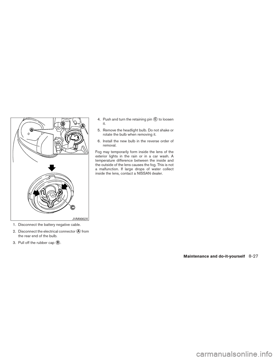 NISSAN VERSA SEDAN 2013 2.G Owners Manual 1. Disconnect the battery negative cable.
2. Disconnect the electrical connector
Afrom
the rear end of the bulb.
3. Pull off the rubber cap
B. 4. Push and turn the retaining pin
Cto loosen
it.
5. R