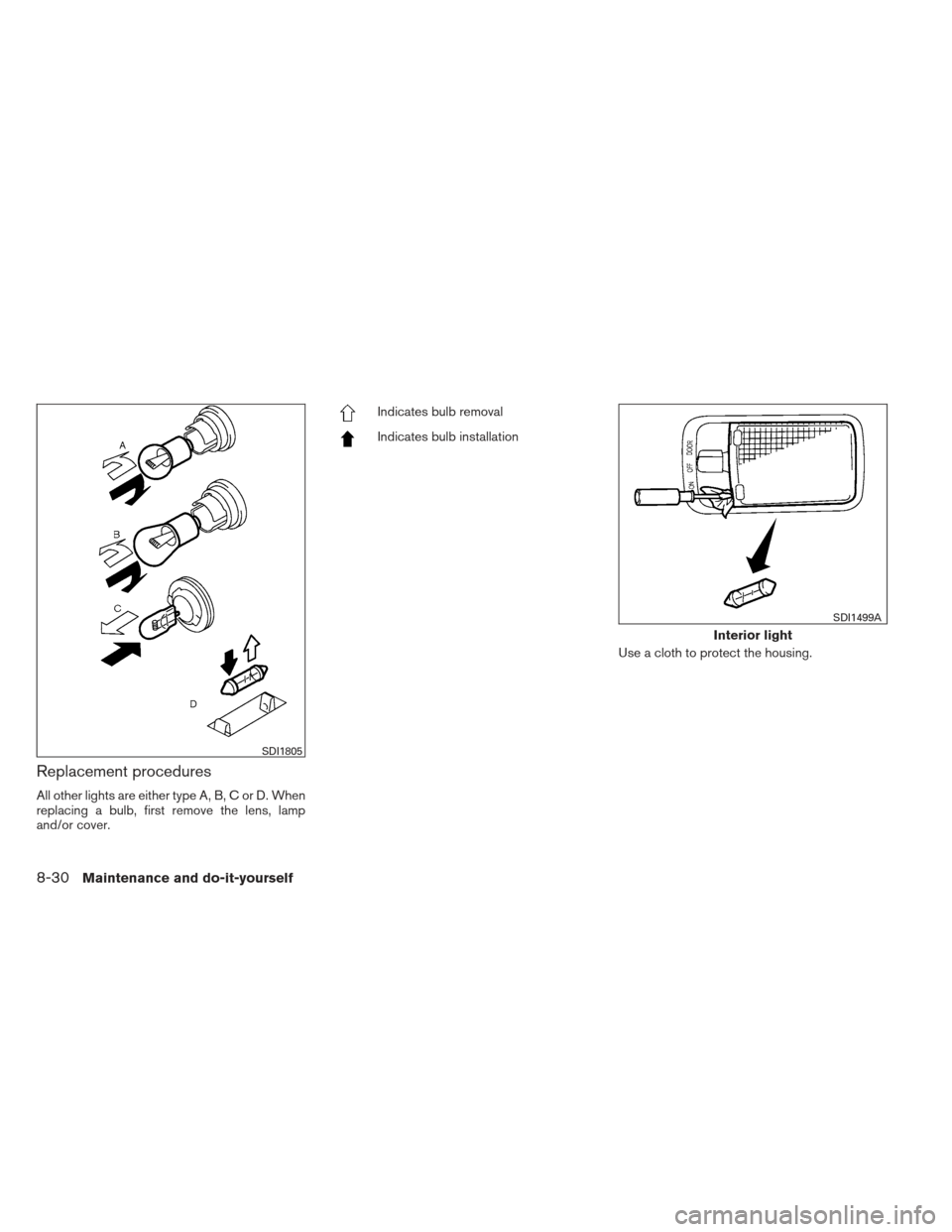 NISSAN VERSA SEDAN 2013 2.G Owners Manual Replacement procedures
All other lights are either type A, B, C or D. When
replacing a bulb, first remove the lens, lamp
and/or cover.
Indicates bulb removal
Indicates bulb installationUse a cloth to 