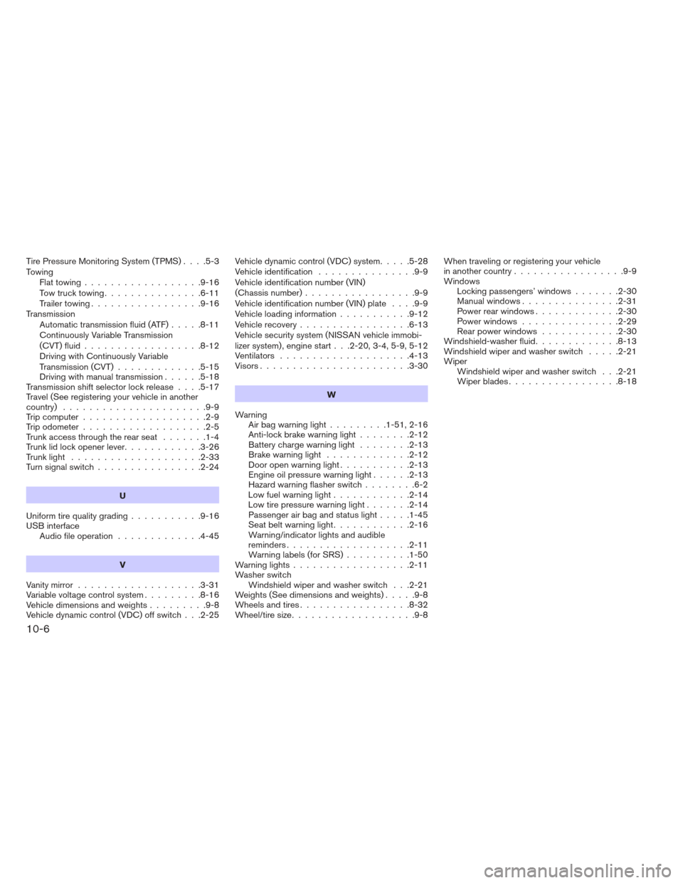 NISSAN VERSA SEDAN 2013 2.G User Guide Tire Pressure Monitoring System (TPMS)....5-3
Towing Flattowing..................9-16
Towtrucktowing...............6-11
Trailertowing.................9-16
Transmission Automatic transmission fluid (AT
