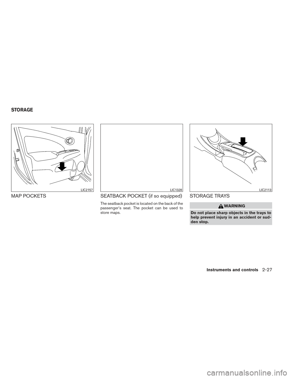 NISSAN VERSA SEDAN 2013 2.G Owners Manual MAP POCKETSSEATBACK POCKET (if so equipped)
The seatback pocket is located on the back of the
passenger’s seat. The pocket can be used to
store maps.
STORAGE TRAYS
WARNING
Do not place sharp objects