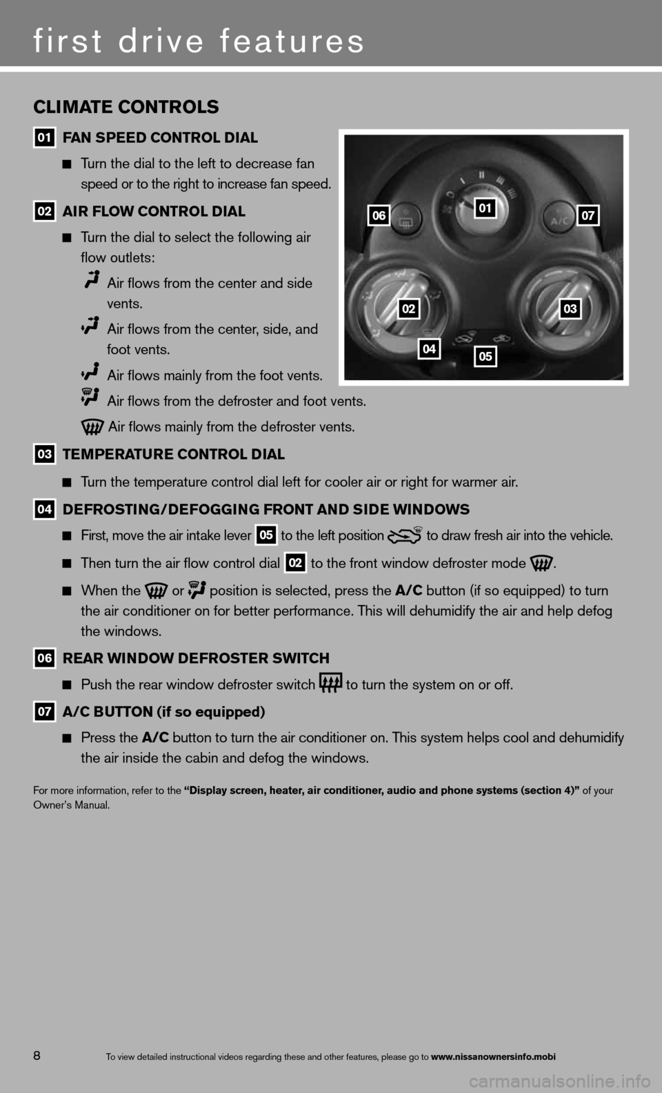 NISSAN VERSA SEDAN 2013 2.G Quick Reference Guide CliMaTe CoNTrolS
01 F
aN SPee D CoNTrol D ial
Turn the dial to the left to decrease fan
speed or to the right to increase fan speed.
02 air Flow CoNTrol D
ial
Turn the dial to sele NISSAN VERSA SEDAN 2013 2.G Quick Reference Guide CliMaTe CoNTrolS
01 F
aN SPee D CoNTrol D ial
Turn the dial to the left to decrease fan
speed or to the right to increase fan speed.
02 air Flow CoNTrol D
ial
Turn the dial to sele