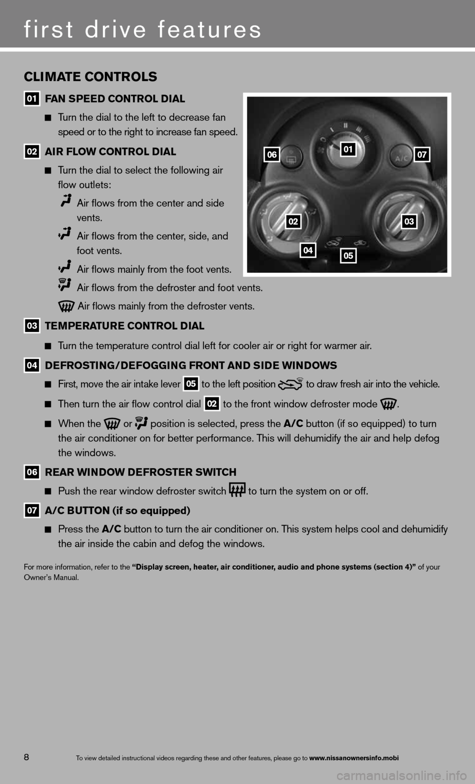 NISSAN VERSA SEDAN 2013 2.G Quick Reference Guide CliMaTe CoNTrolS
01 F
aN SPee D CoNTrol D ial
  
  Turn the dial to the left to decrease fan 
      speed or to the right to increase fan speed.  
02 air Flow CoNTrol D
ial 
  
  Turn the dial to sele