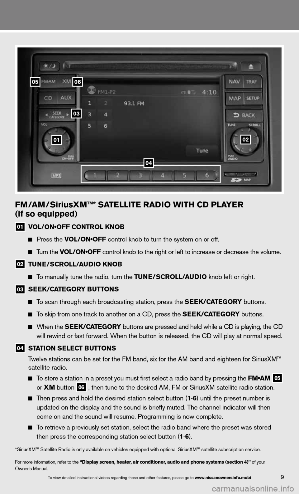 NISSAN VERSA SEDAN 2013 2.G Quick Reference Guide FM/aM/SiriusXM™* Sa TelliTe raDio wiTH CD Pla Yer  
(if so equipped)
01  VOL/ON•OFF CONTROL KNOB
  
  Press the VOL/ON•OFF control knob to turn the system on or off.  
  
  Turn the VOL/ON•OFF