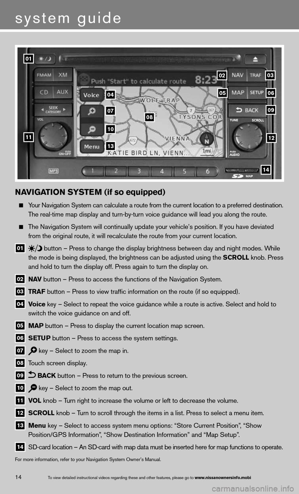 NISSAN VERSA SEDAN 2013 2.G Quick Reference Guide NaviGaTioN SYSTe M (if so equipped)
  Your navigation System can calculate a route from the current location to a pr\
eferred destination.  
     The real-time map display and turn-by-turn voice guida