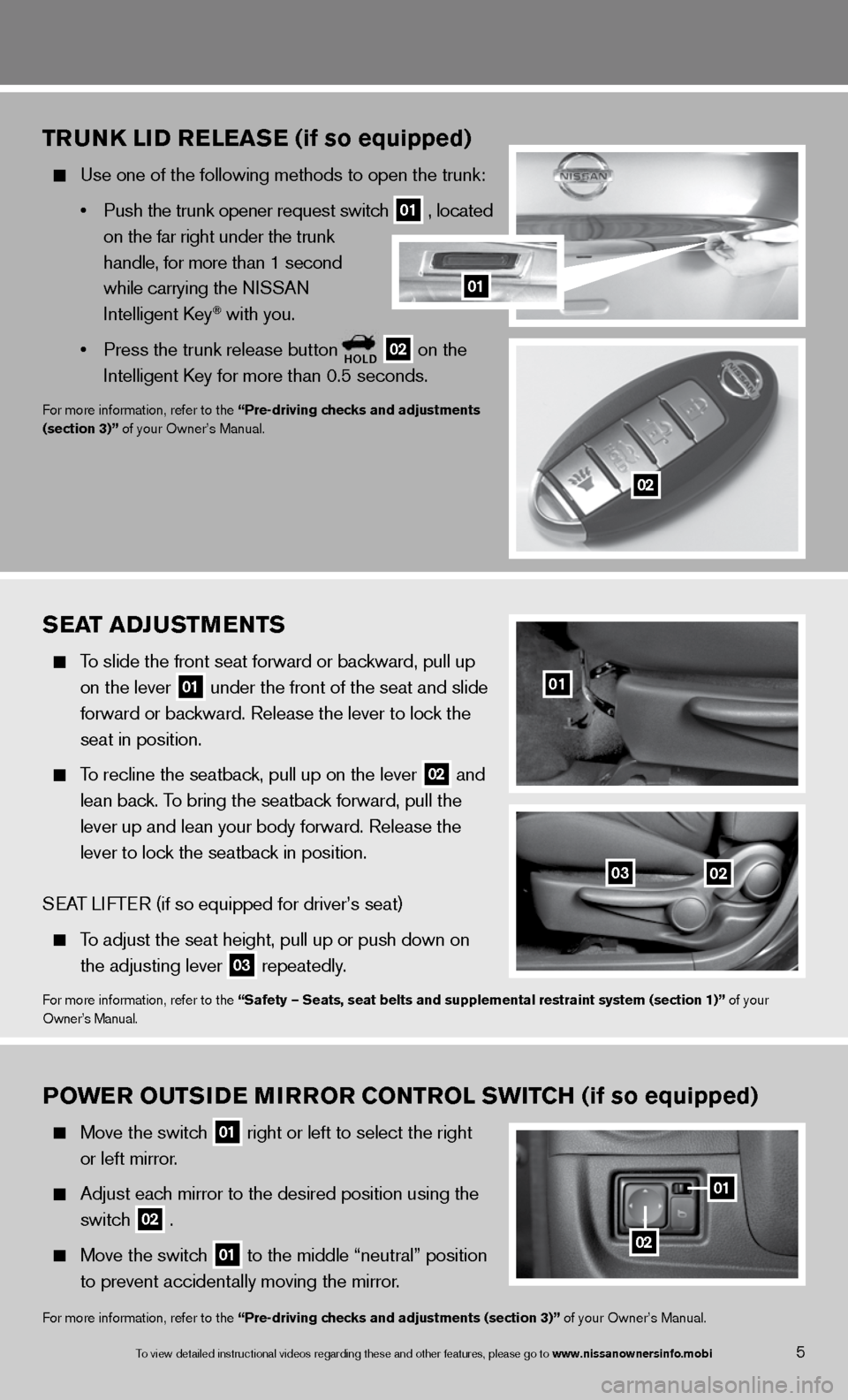 NISSAN VERSA SEDAN 2013 2.G Quick Reference Guide TruNK li D releaS e (if so equipped) 
  Use one of the following methods to open the trunk:  
    • Push the trunk opener request switch
 
01 , located 
      on the far right under the trunk 
     
