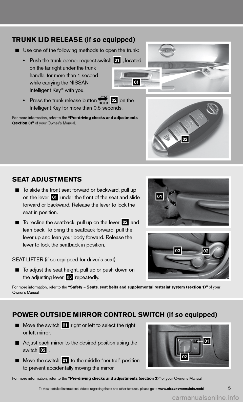 NISSAN VERSA SEDAN 2013 2.G Quick Reference Guide TruNK li D releaS e (if so equipped)
Use one of the following methods to open the trunk:
• Push the trunk opener request switch
01 , located
on the far right under the trunk
NISSAN VERSA SEDAN 2013 2.G Quick Reference Guide TruNK li D releaS e (if so equipped)
Use one of the following methods to open the trunk:
• Push the trunk opener request switch
01 , located
on the far right under the trunk