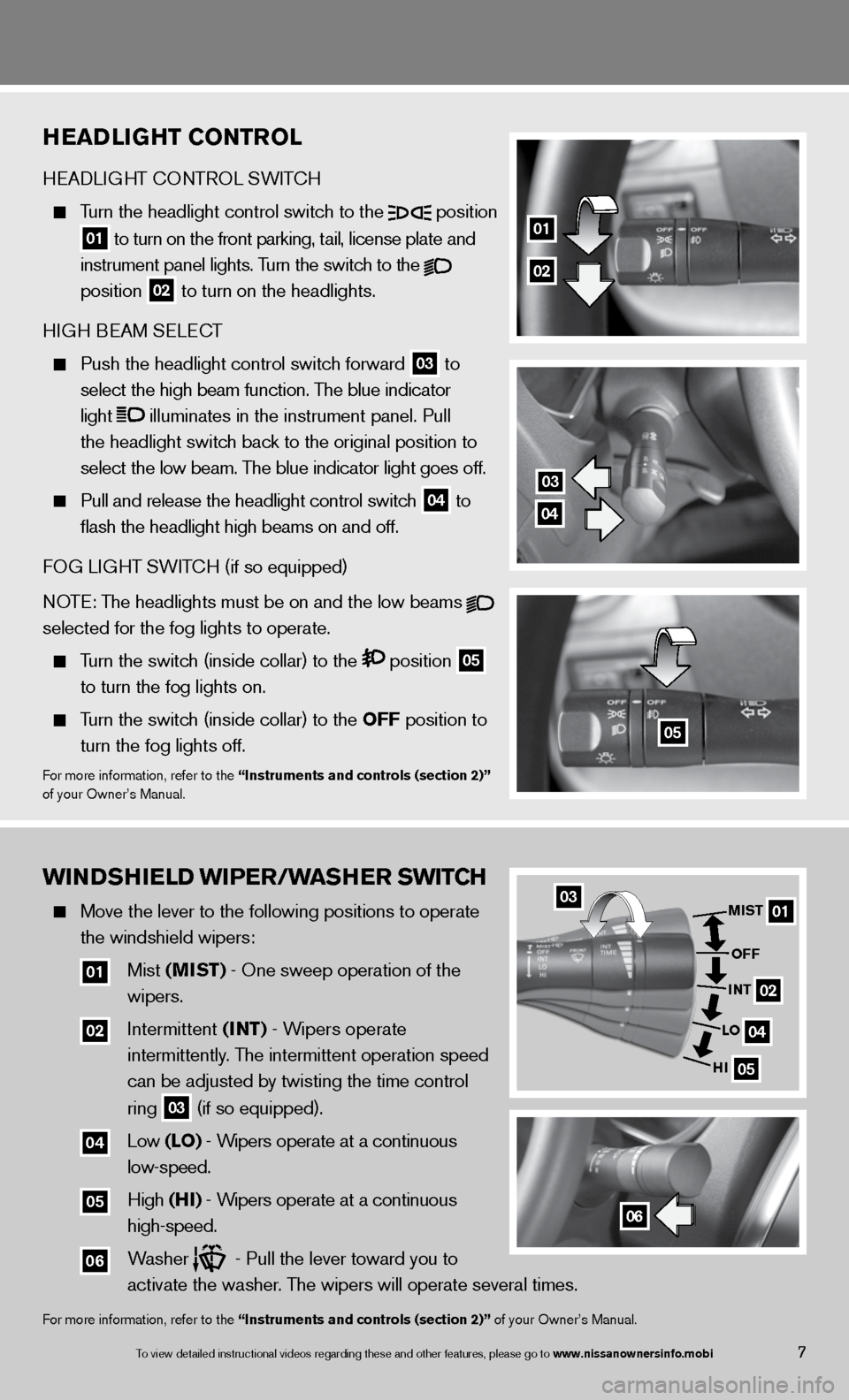 NISSAN VERSA SEDAN 2013 2.G Quick Reference Guide HeaD liGHT CoNTrol
H eAd LiGHT c OnTROL SW iTc H
Turn the headlight control switch to the
position
01 to turn on the front parking, tail, license plate and
instrument panel lights. NISSAN VERSA SEDAN 2013 2.G Quick Reference Guide HeaD liGHT CoNTrol
H eAd LiGHT c OnTROL SW iTc H
Turn the headlight control switch to the
position
01 to turn on the front parking, tail, license plate and
instrument panel lights.