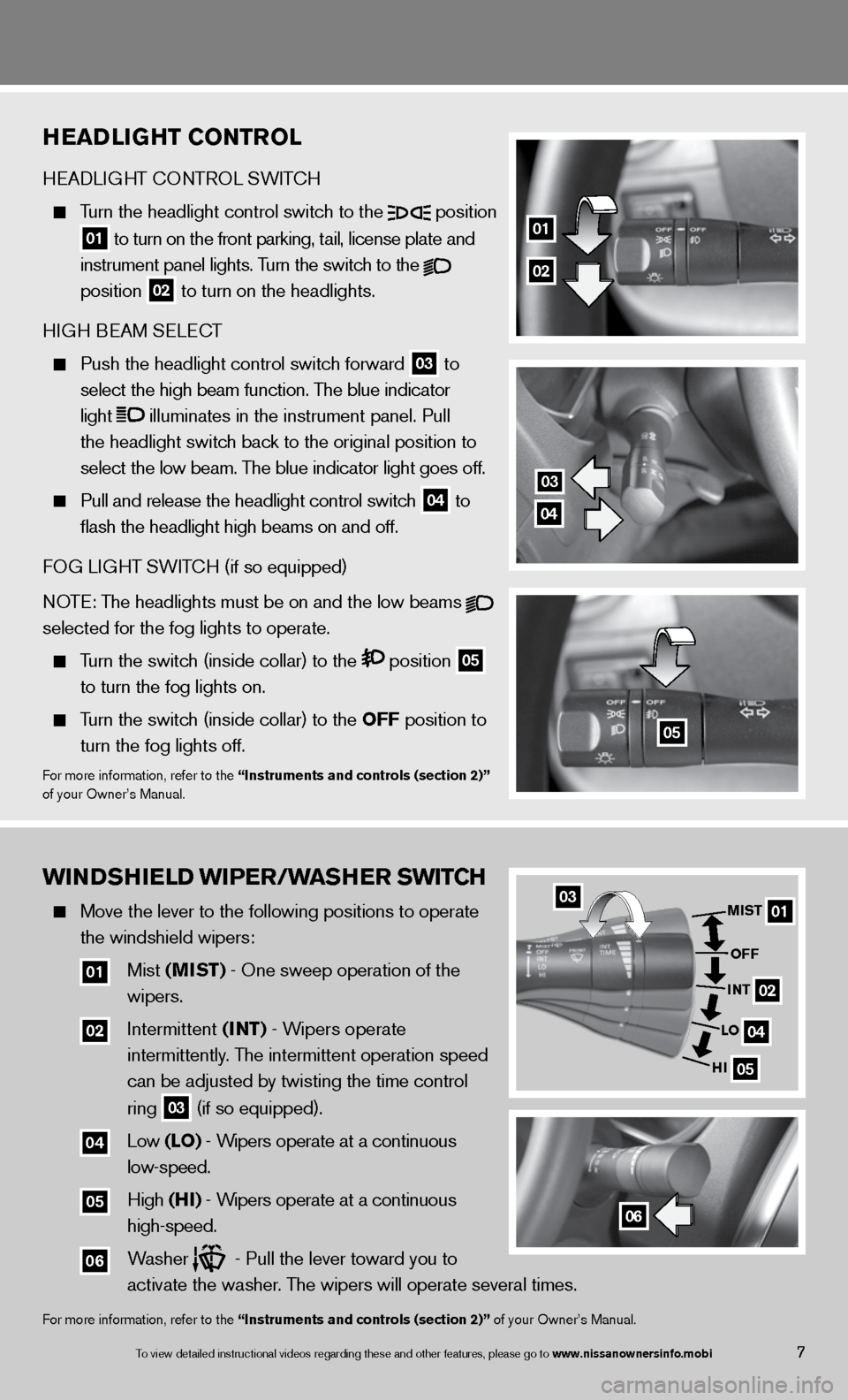 NISSAN VERSA SEDAN 2013 2.G Quick Reference Guide HeaD liGHT CoNTrol 
H eAd LiGHT c OnTROL SW iTc H 
 
  Turn the headlight control switch to the
  position
 
  
01  to turn on the front parking, tail, license plate and 
    instrument panel lights. 