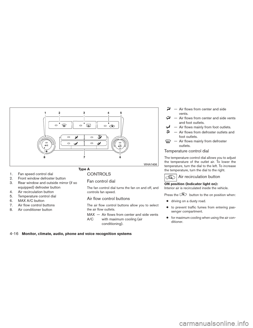 NISSAN XTERRA 2013 N50 / 2.G Owners Manual 1. Fan speed control dial
2. Front window defroster button
3. Rear window and outside mirror (if soequipped) defroster button
4. Air recirculation button
5. Temperature control dial
6. MAX A/C button
