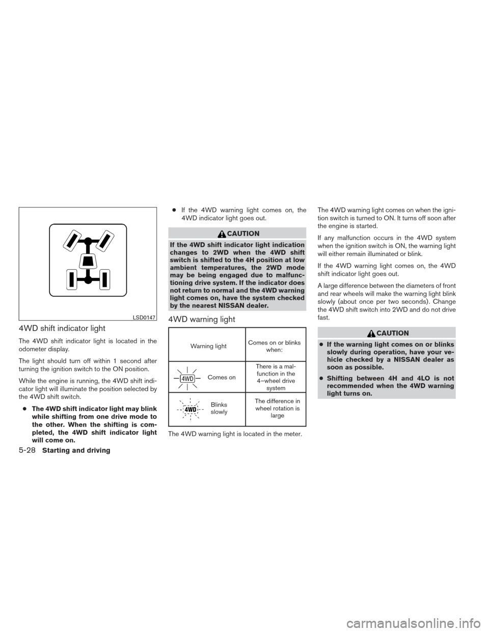 NISSAN XTERRA 2013 N50 / 2.G Owners Manual 4WD shift indicator light
The 4WD shift indicator light is located in the
odometer display.
The light should turn off within 1 second after
turning the ignition switch to the ON position.
While the en NISSAN XTERRA 2013 N50 / 2.G Owners Manual 4WD shift indicator light
The 4WD shift indicator light is located in the
odometer display.
The light should turn off within 1 second after
turning the ignition switch to the ON position.
While the en