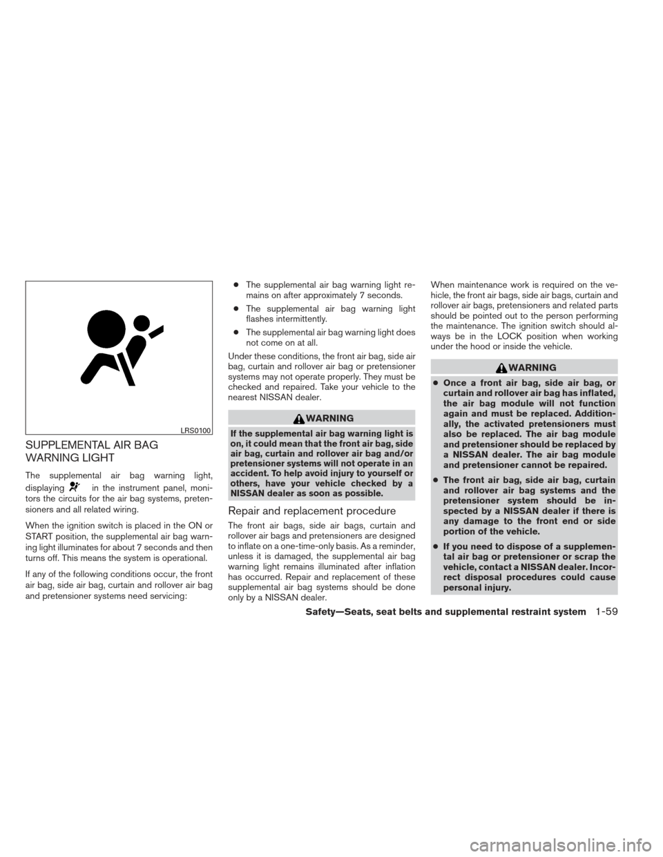 NISSAN XTERRA 2013 N50 / 2.G Manual PDF SUPPLEMENTAL AIR BAG
WARNING LIGHT
The supplemental air bag warning light,
displaying
in the instrument panel, moni-
tors the circuits for the air bag systems, preten-
sioners and all related wiring.
NISSAN XTERRA 2013 N50 / 2.G Manual PDF SUPPLEMENTAL AIR BAG
WARNING LIGHT
The supplemental air bag warning light,
displaying
in the instrument panel, moni-
tors the circuits for the air bag systems, preten-
sioners and all related wiring.