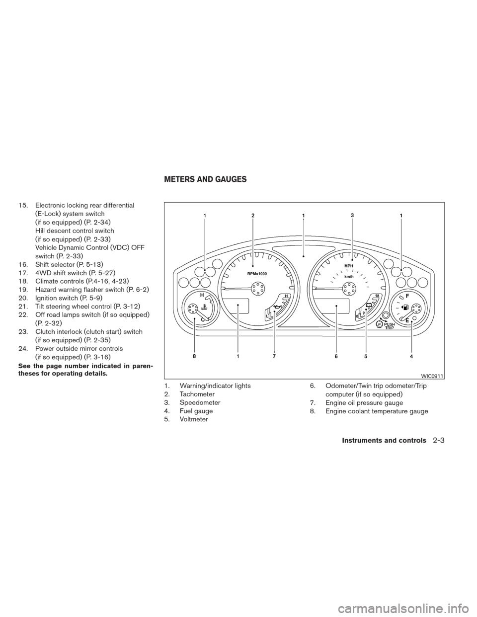 NISSAN XTERRA 2013 N50 / 2.G Manual PDF 15. Electronic locking rear differential(E-Lock) system switch
(if so equipped) (P. 2-34)
Hill descent control switch
(if so equipped) (P. 2-33)
Vehicle Dynamic Control (VDC) OFF
switch (P. 2-33)
16. 