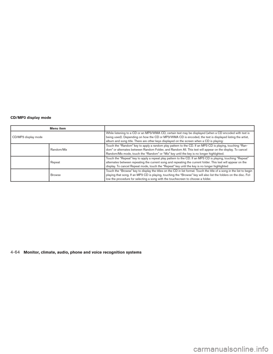 NISSAN ALTIMA 2014 L33 / 5.G Owners Manual CD/MP3 display mode
Menu item
CD/MP3 display mode While listening to a CD or an MP3/WMA CD, certain text may be displayed (when a CD encoded with text is
being used) . Depending on how the CD or MP3/W NISSAN ALTIMA 2014 L33 / 5.G Owners Manual CD/MP3 display mode
Menu item
CD/MP3 display mode While listening to a CD or an MP3/WMA CD, certain text may be displayed (when a CD encoded with text is
being used) . Depending on how the CD or MP3/W